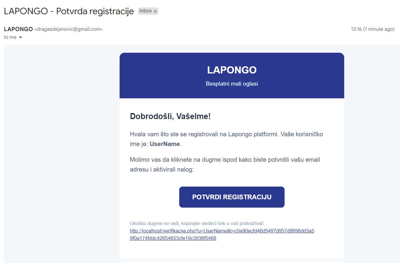Klik na dugme za potvrdu u emailu