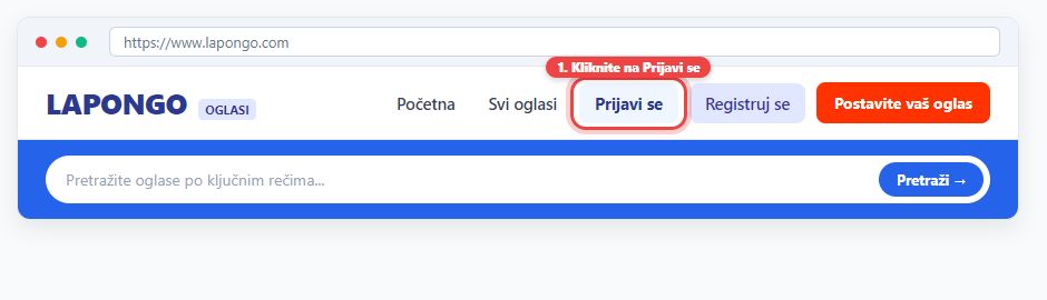 Dugme za prijavu u meniju na vrhu