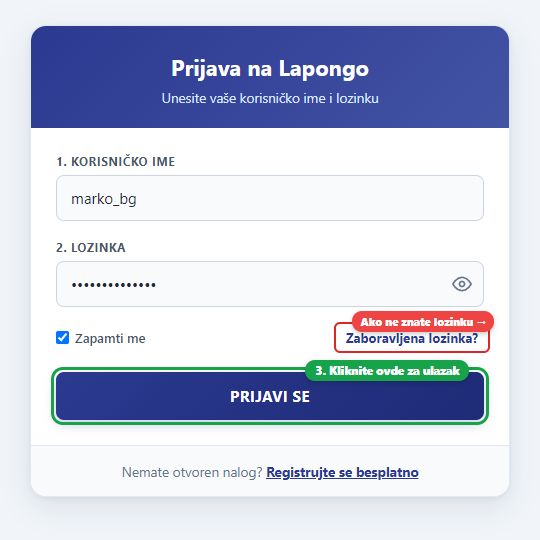Obrazac za prijavu sa označenim poljima