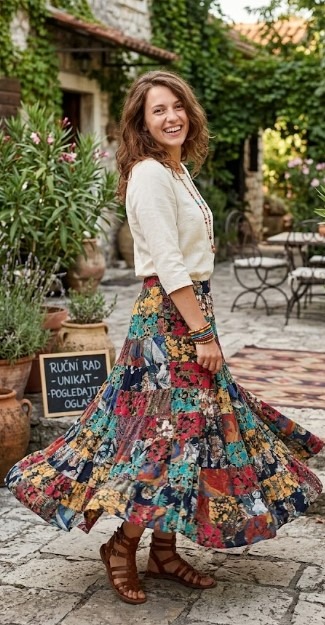UNIKAT: Ručno sklapana Patchwork suknja – Boho Raskoš 